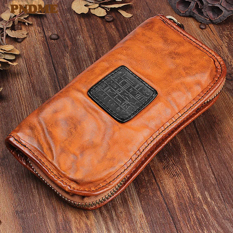 PNDME retro fashion high quality natural genuine leather men's long wallet outdoor leisure business card clip zipper clutch bag