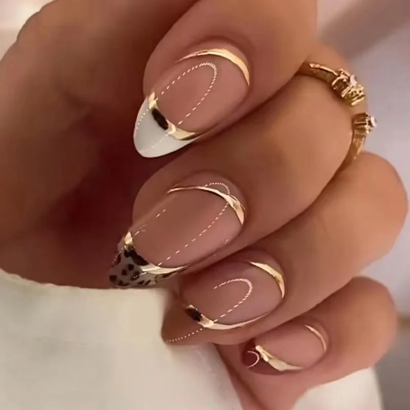 

24pcs Long Stiletto False Nails wave Peals decorated Wearable French Fake Nails Press On Nails Leopard print Almond Manicure Tip
