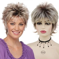 gnimegil short blonde wig with bangs for women layered haircut curly hair replacement wigs fashion pixie cut natural mommy wig