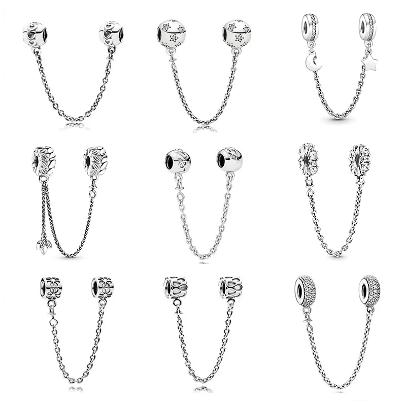 Original 925 Silver Jewelry Fits 1:1 Charm Silver Star Bow Love Flower Water Drop Star Clear Beads CZ Safety Chain DIY Women's H