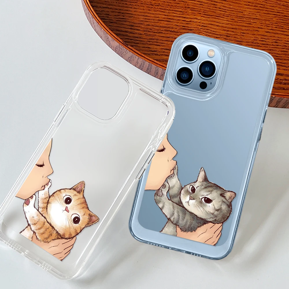 

Cute Cat Shell Phone Case for iPhone XS XR X 14 13 12 11 Pro Max Mini Protection Clear Cover for iPhone13ProMax Coque Fundas