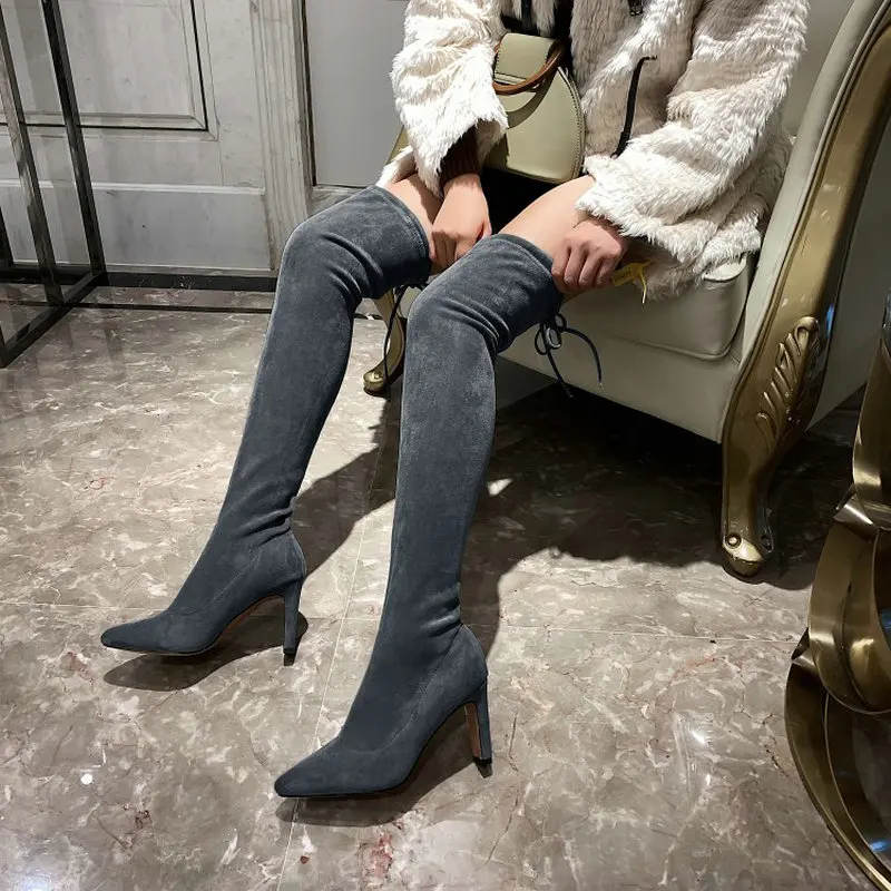 QPLYXCO флисовые зимние теплые сексуальные Стрейчевые выше колен с острым носком