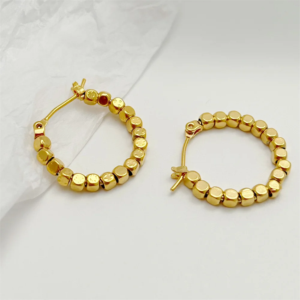 

24k Yellow Gold Color Hoop Earrings For Women Multi Beaded Round Circle Earring Cuff Brincos Pendientes Lady Jewelry Party Gifts