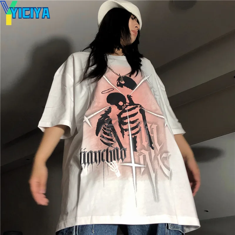 

YICIYA Vintage Letter Printed T-shirts Skulls Graphic O-neck Pullovers Vintage Streetwear Short Sleeve Tops Tees Female Clothing