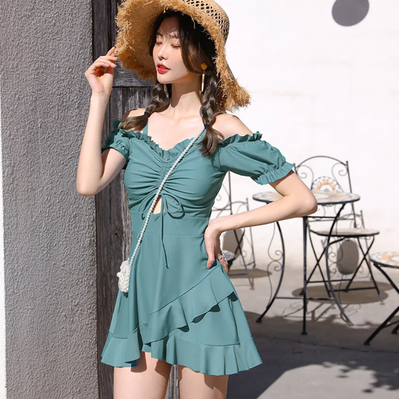 2023 Sexy Ruffle Drawstring Swimwear Tummy Control Swimdress Bathing Suit Push Up Swimsuit Pad Summer Solid Beach Swim Monokini