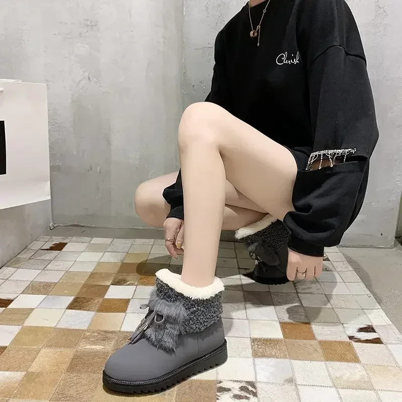 

Women's Snow Boots Mid Calf Platform Chunky Suede Brown Half High Black Tassel Round Toe Shoes for Woman Boot Female Protective