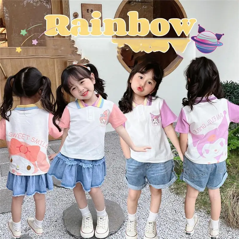 

Новинка Kawaii Sanrio Kuromi Mymelody поло с коротким рукавом детский летний мультяшный Радужный воротник Pinkycolor подарок игрушки для девочек