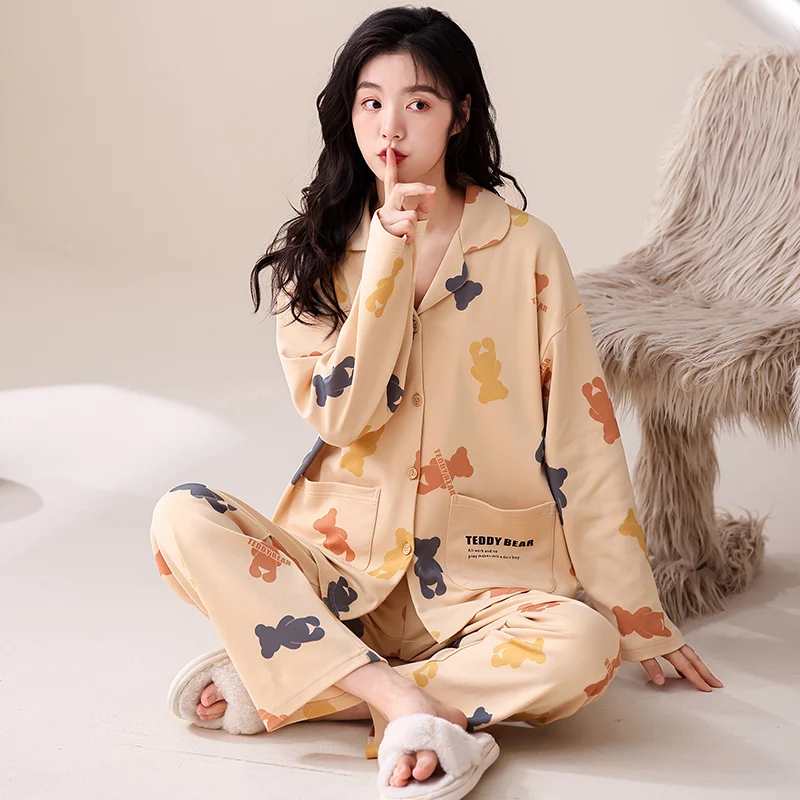 

Новинка, женская пижама из чистого хлопка, кардиган с милым принтом медведя, Женская Повседневная Домашняя одежда, мягкая и удобная