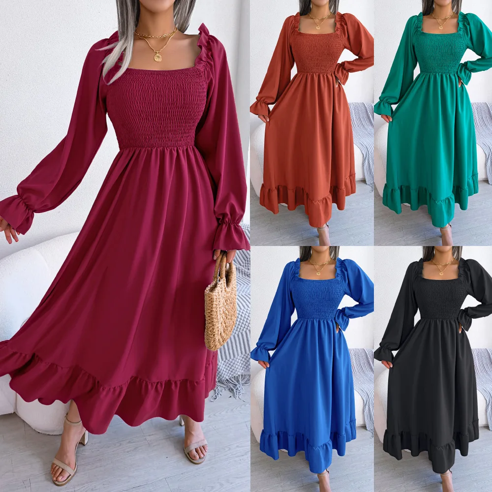 

2023 spring and summer Europe and the United States leisure square collar flared skirt large swing flanged long skirt women