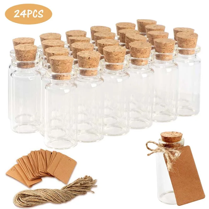 Mini botella de vidrio transparente con tapón de corcho, frascos de deseos pequeños, frascos transparentes vacíos para regalos de decoración del hogar de boda, 25ml