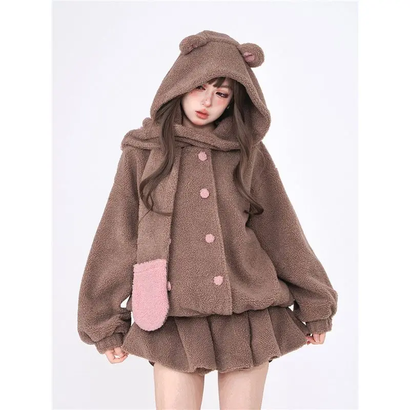 Модная куртка Bear флисовый костюм шапка шарф Коричневое Пальто с капюшоном