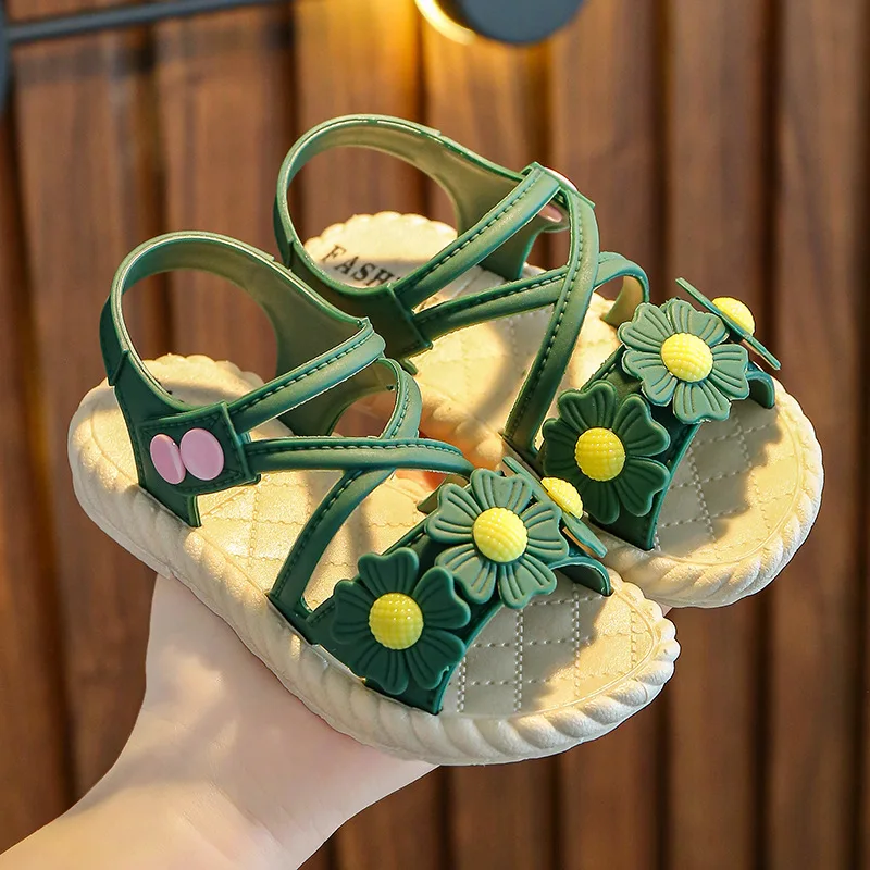 

Little Girls Sandals Green Summer Soft Kids Fashion with Flowers Cute Open-toe Beach Shoe for Princess Flat Non-slip Snap Button