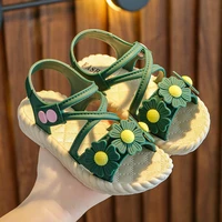 little girls sandals green summer soft kids fashion with flowers cute open toe beach shoe for princess flat non slip snap button