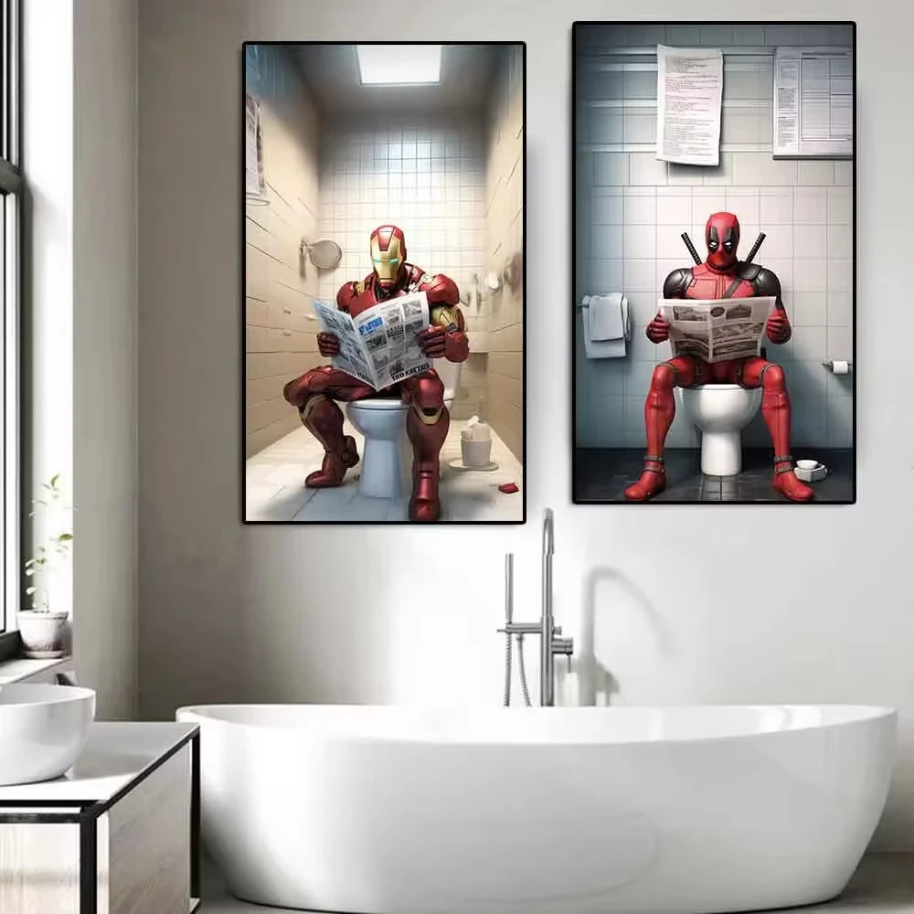 Фото Постер с забавными супергероями Marvel для туалета: Человек-паук, читает газету, мультяшный комикс, настенное искусство, холст, декор для комнаты №2