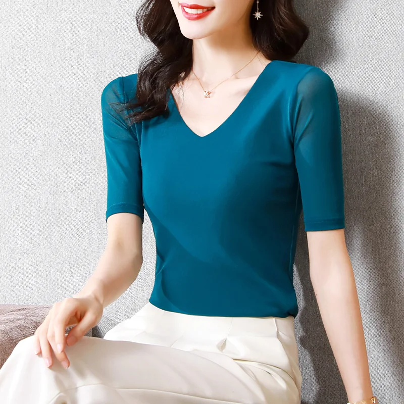 

Сетчатая нижняя рубашка женская новая облегающая тонкая Однотонная футболка с V-образным вырезом Универсальная Женская внутренняя одежда