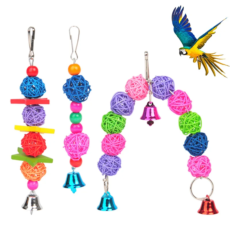 

Parrot Rattan Toys Bird Supplies Hanging Cage Bird Toys Beads Bell String Hand Woven Bite Chew Toy Ball Pet Accessories Dropship
