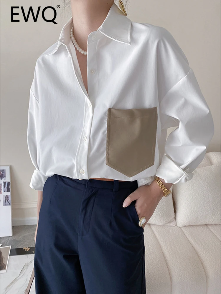 

Женская однобортная рубашка с карманами EWQ, повседневная однобортная рубашка контрастных цветов с отложным воротником, модель 26D301 на весну, 2023