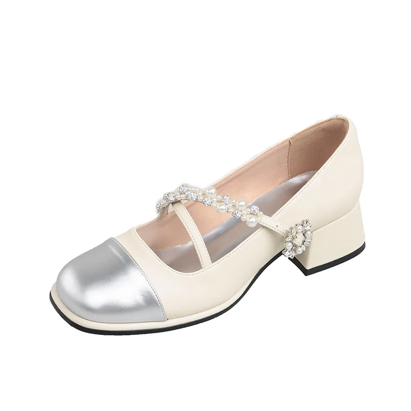 

2023 New Designer French Pearl Rhinestones Women Shoes Fashion Casual Chunky Heel Color Match Mary Jane Women's Shoes