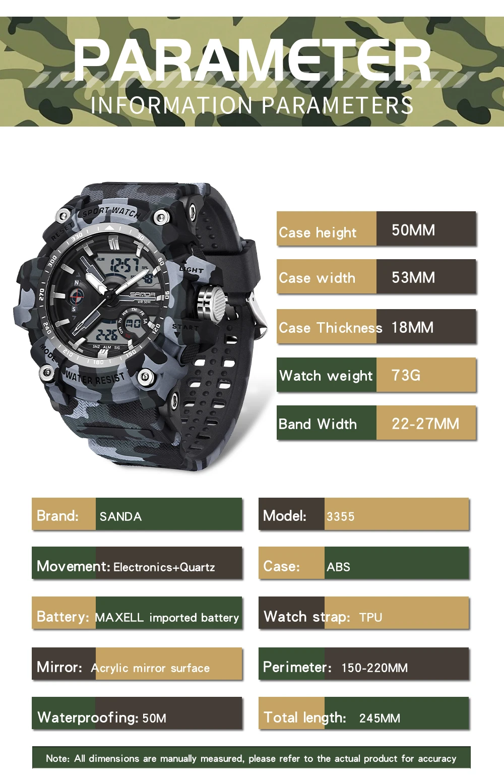 Фото Мужские часы Sanda 3355, бренд G Style, военные, кварцевые, водонепроницаемые, с двойным дисплеем, электронные, цифровые, многофункциональные, спортивные. №5