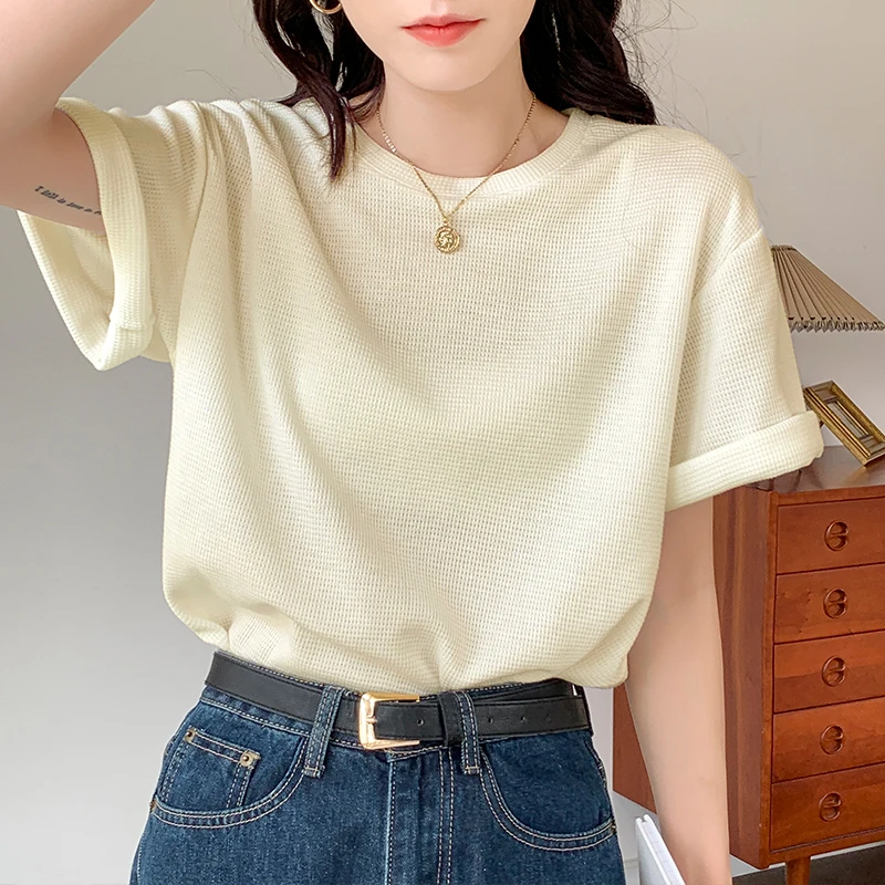 Футболка женская с вафельным принтом офисный простой Повседневный Топ лето |
