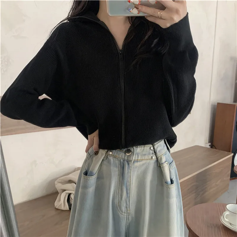

Spring Casual Cardigans Sweater Women Zipper Lapel Loose Sweet Korean Fashion Knitted Jackets All-match Clothes Female Tops