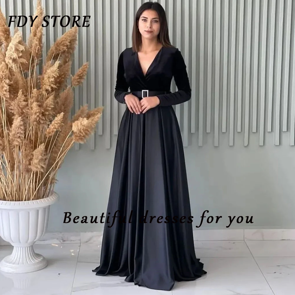 

FDY Store Prom A-line Sash V-neck Long Sleeve Sweep Train Alaska Velvet Evenning Cocktail Formal Occasion Party for Women