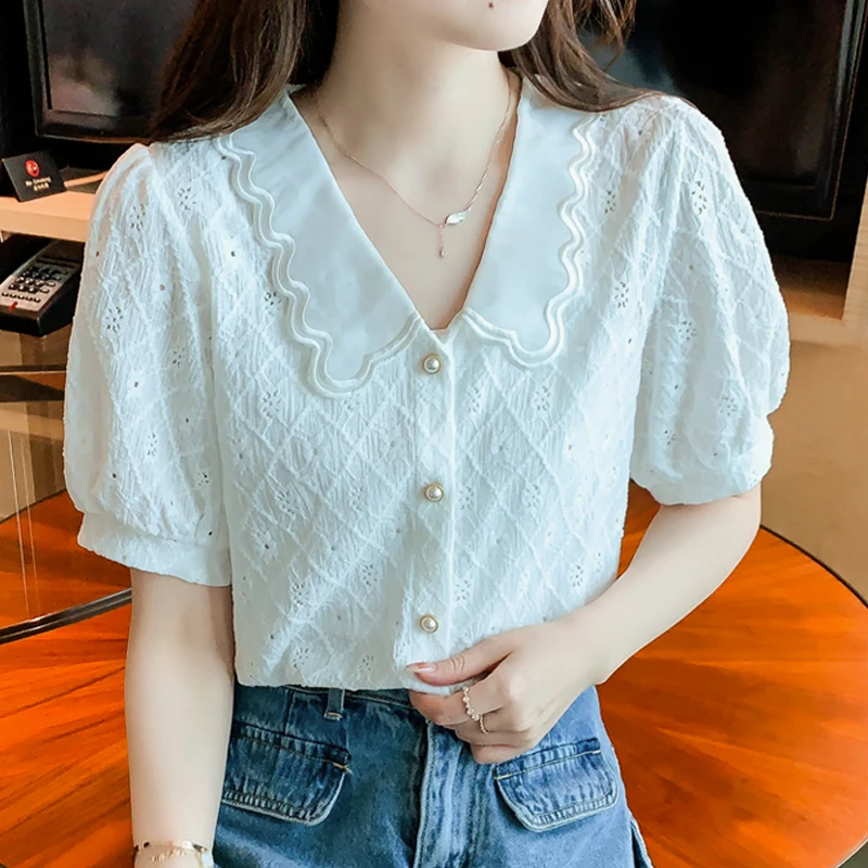 

Fashion Lace Women Summer Blouses Short Sleeve Ladies Tops Plaid Buttons Lace White Shirts Woman Elegant Female Clothing 24540