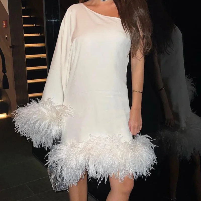 

One-Shoulder Furry Hem Cape-Style Dress Sexy Off-The-Shoulder Loose Elegant Chic Midi Dress 2023 Fashion Nightclub Party Dresses