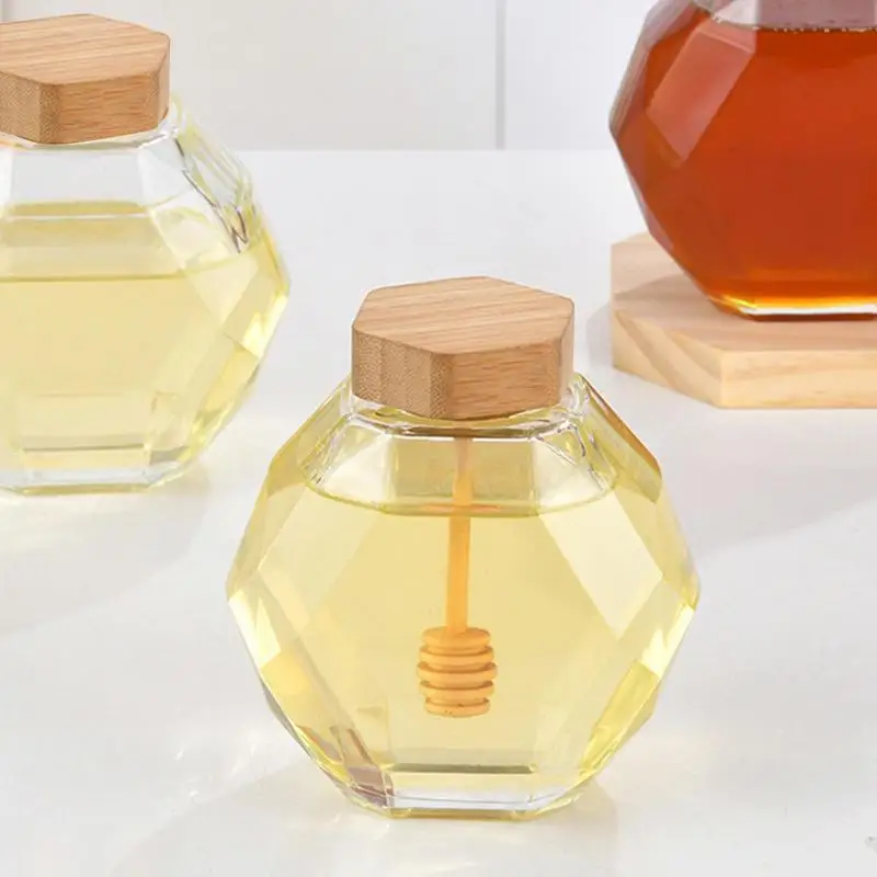 Hexagonal Glass Honey Bottle With Wooden Honey Pot Stirring Rod Sealing Clear Jam Jar Kitchen Home Storage 220ML/380ML