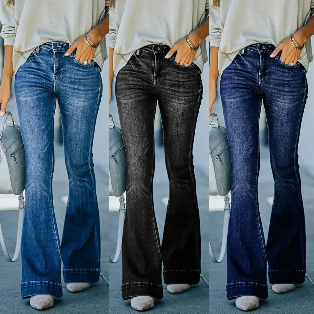 

spring / summer denim pants micro flare pants elastic middle waist women's jeans