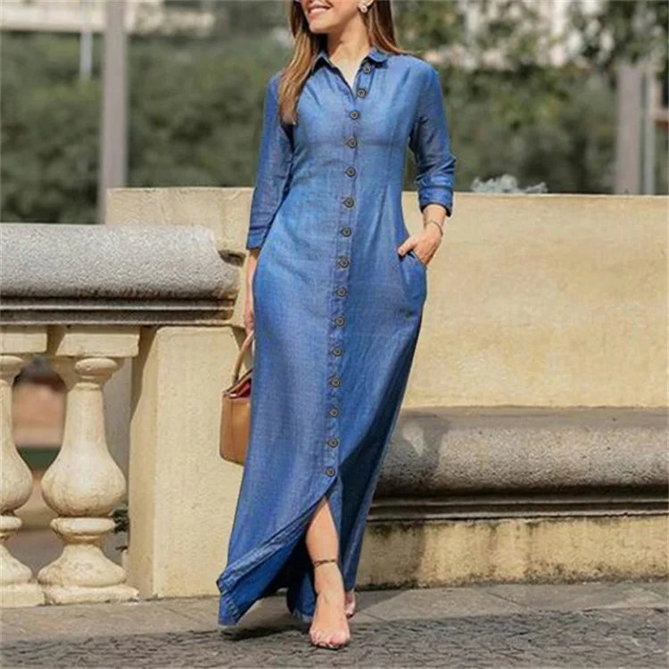 Женское джинсовое платье с длинным рукавом, голубое повседневное длинное платье с лацканами, однобортная свободная африканская одежда, вес...