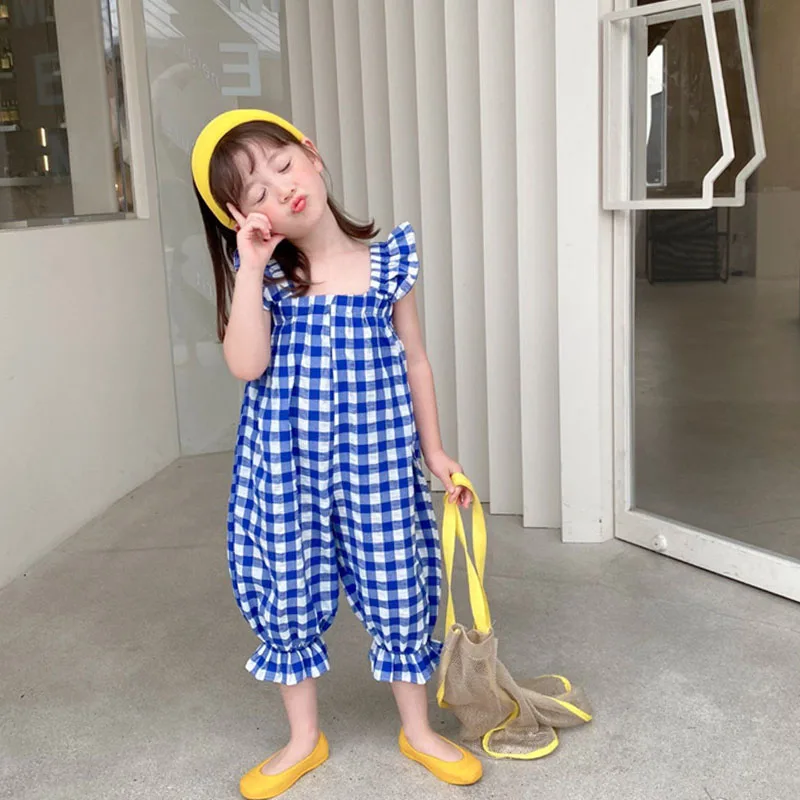 

Girls Plaid Jumpsuit 2022 Summer New Girls Bib Korean Cropped Pants Baby Bud Pants