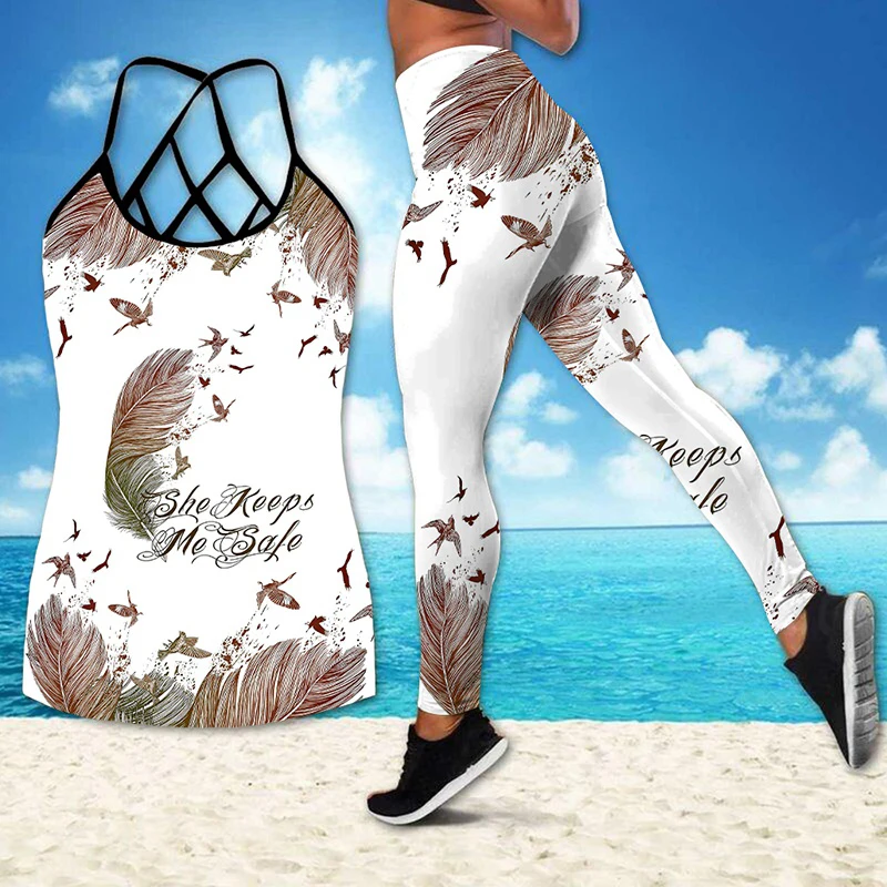 

Women's Flying Birds Feather 3D Print Criss-cross Tank Top and Legging Set Tank Tops High Waist Leggings for Ladies Yoga Suit