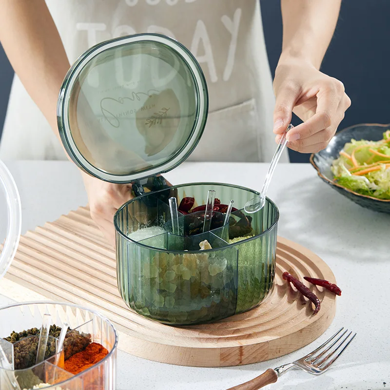 

Seasoning Box with Spoons Spice Jar 4 In 1 Multi Compartment Salt Pepper Spice Boxes Kitchen Accessories Condiment Containers