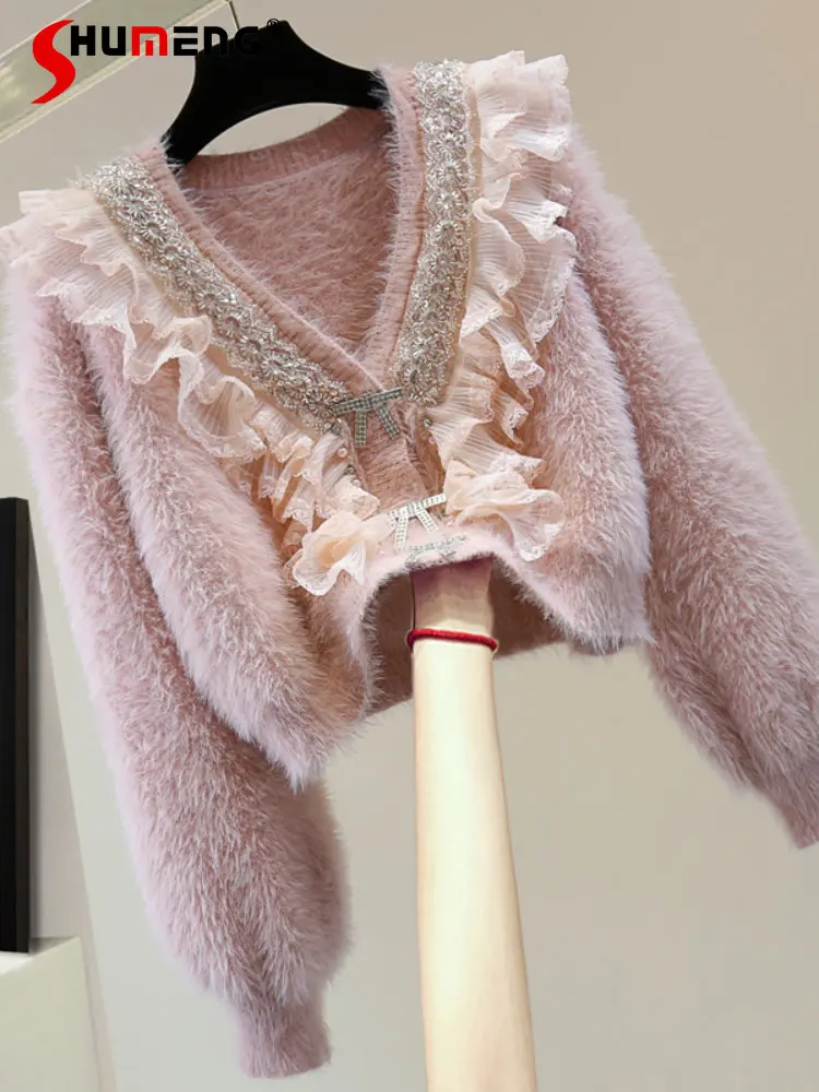 Sweaters Ladies 2022 Winter Sale Beads Rhinestone Bow Long Sleeve Sweater Elegant Pink Lace Mohair Short Knitted Cardigan Female
