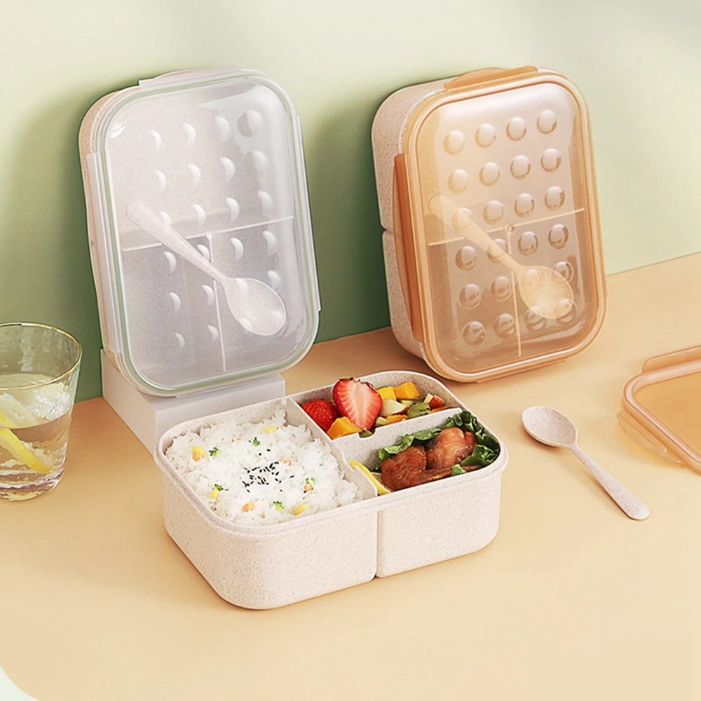 Wheat Straw Lunch Box Large Capacity 3-Compartment Food Containers For Office School Microwave Bento Box