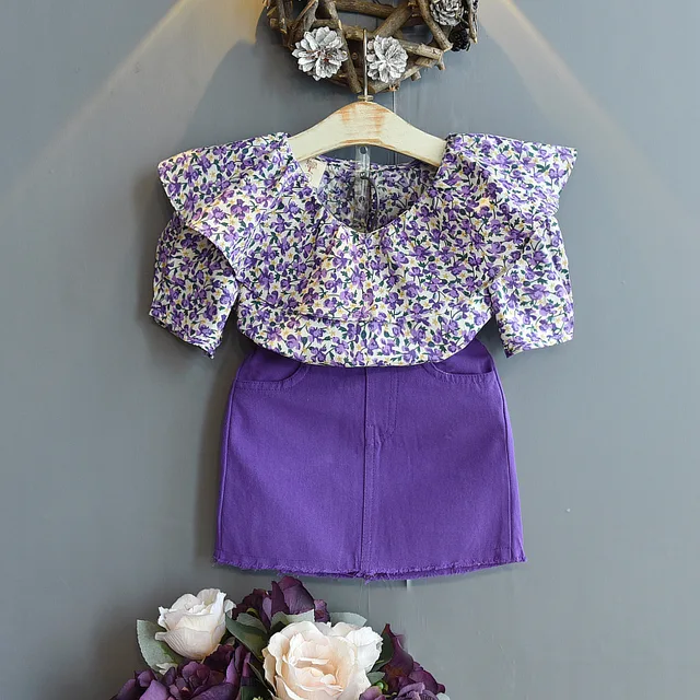 Summer Kid Clothes Korean Fashion Flower Lotus Leaf Collar Shirt&skirt Little Girls Clothing Set Purple Children Outfits 3