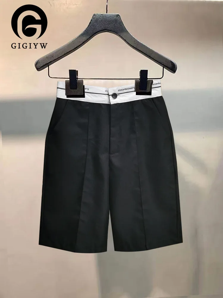 

GIGIYW 2022 Summer New Letter Ribbon Casual Straight Flare Leg 3/4 Pants Women Slim Elastic Waist Pants Wide Trousers