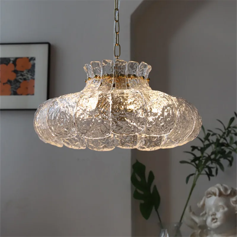

Retro Glass Pendant Lights Ice-Melting Effect for Dining Room Decor Luxury Bedroom Bar Designer LED Chandelier Fixtures Lustres