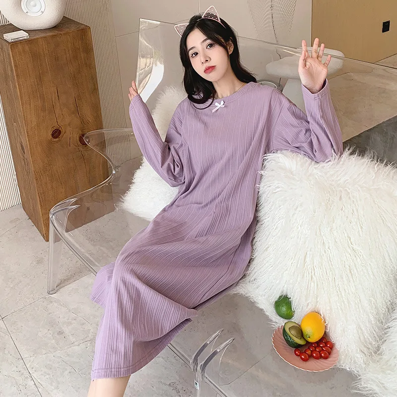 M-4XL Korean Simple Long Sleeve Spring Autumn Nightgowns Women Plus Size Cotton Sleepwear Dress Female Nightwear Night Shirt