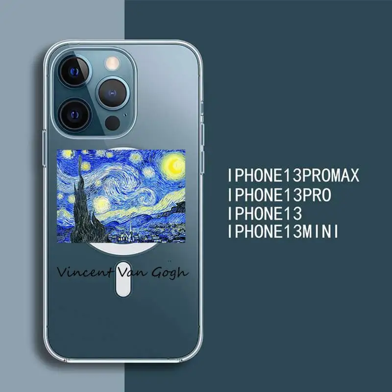 

Aesthetic Vincent Van Gogh Starry Night flower Phone Case Transparent Magsafe Magnetic Magnet For iPhone 13 12 11 Pro Max Mini