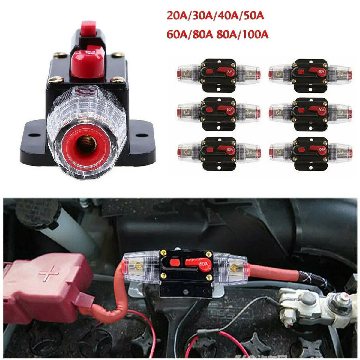 

Car Truck Audio Amplifier Circuit Breaker Fuses Holder 100A 80A 60A 50A 40A 30A 20A DC 12V-24V Stereo Rearmable Fuse Fusible