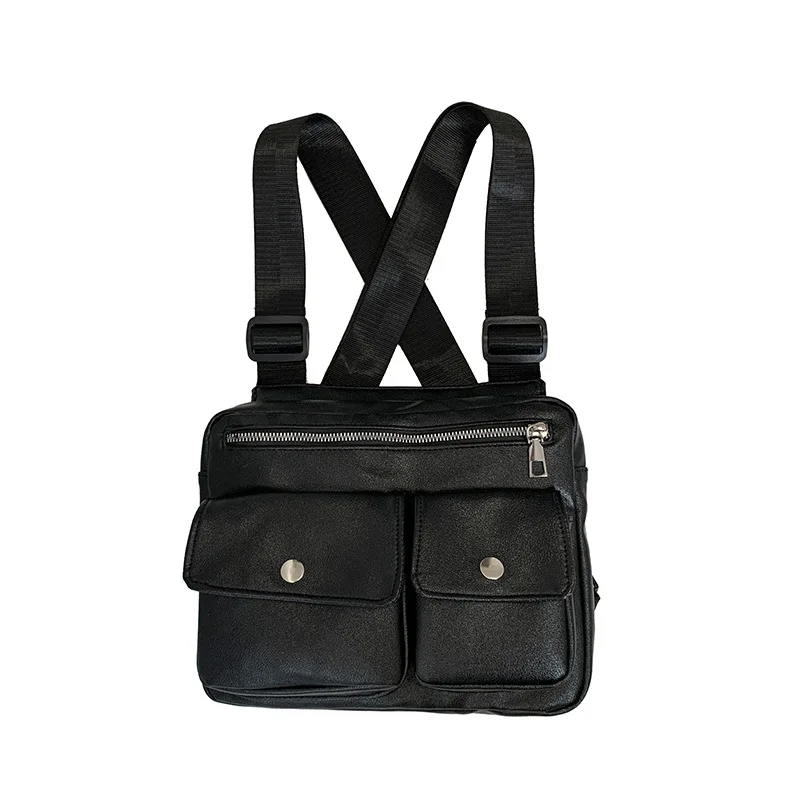 Leather Functional Tactical Chest Bag For Men Fashion Streetwear Hip Hop Vest Bag Casual Waist Pack Black Brand Man Back Rig Bag