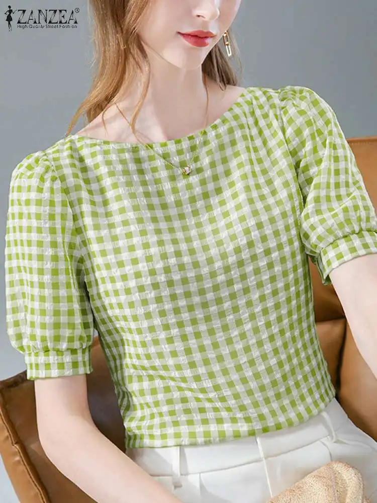 

ZANZEA Fashion Grid Printed Blouse Summer Puff Sleeve O-Neck Shirt Woman Casual Holiday Tunic Tops Bohemian Elegant Blusas 2023