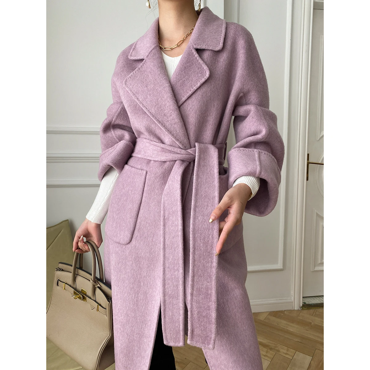 

2022 New Women Autumn Wool Coats With Blet Turn Down Collar Long Coats Fashion Woolen Coat Veste Femme Tops Abrigo Mujer