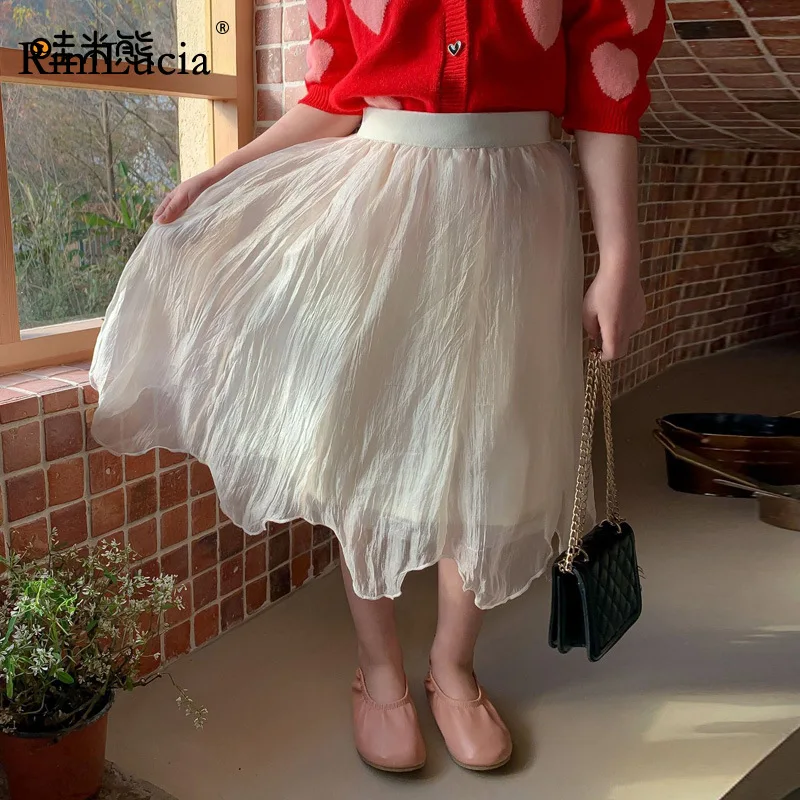 

RiniLucia Korean Girl Skirt Spring 2022 New White Lace Cotton Girl Skirt Sweet Lovely Mesh Skirt 2-7Year Kid's Skirt