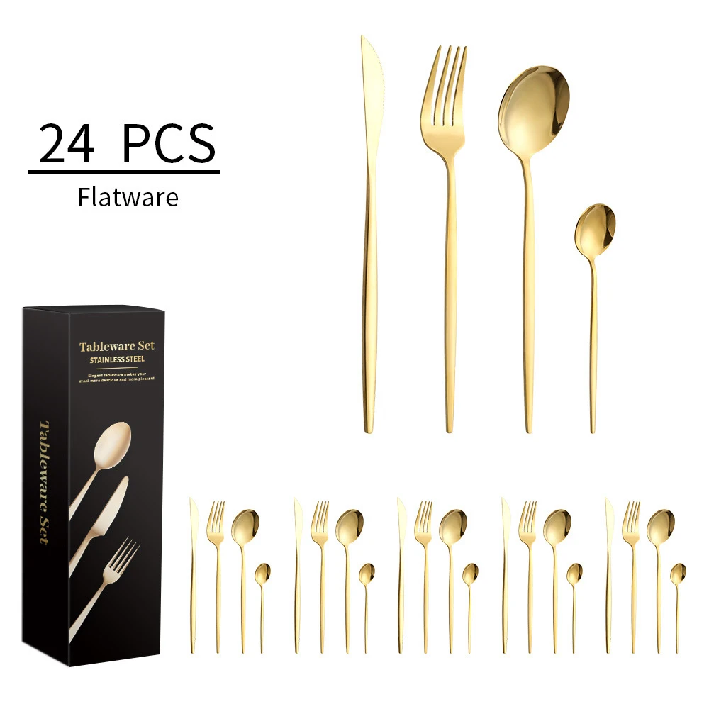 

24pcs Gold Cutlery Set steak Fork Knives Spoons Cutlery Dishwasher Safe Christmas Tableware Wedding Gift Stainless Steel Cutlery