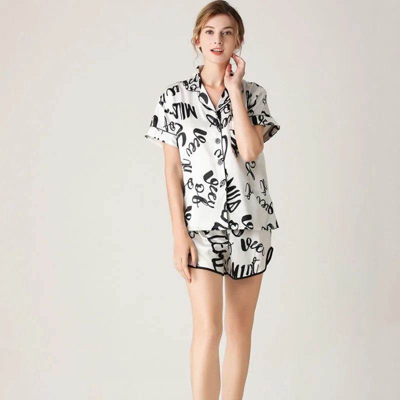 Women's Sleepwear 2 Pcs Sets Silk Printed Short Sleeve Shirt and Shorts Pajamas Set