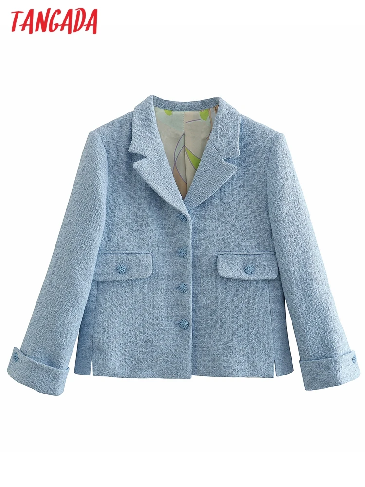 

Tangada Women Blue Tweed Blazer Female Long Sleeve Elegant Jacket Ladies Work Wear Blazer Formal Suits QD24
