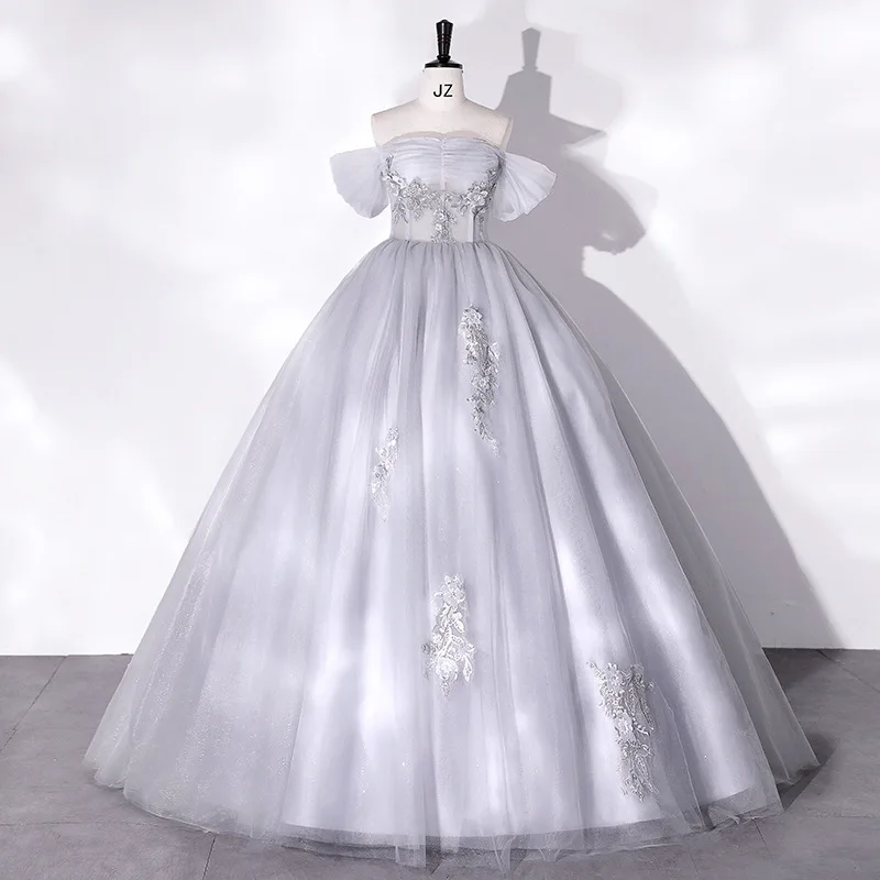

Light Grey Tulle Quinceanera Dresses Flower Fairy Ball Gown Prom Classic Off The Shoulder Elegant Long Vestidos De 15 Años